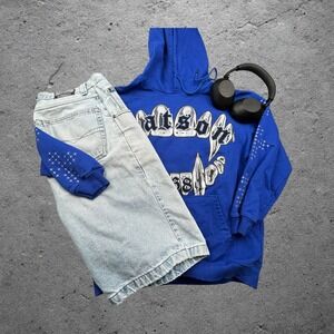 Watson 1968 Graphic Hoodie Mens Medium Blue Y2K Streetwear Wolf Grunge Boxy Fit